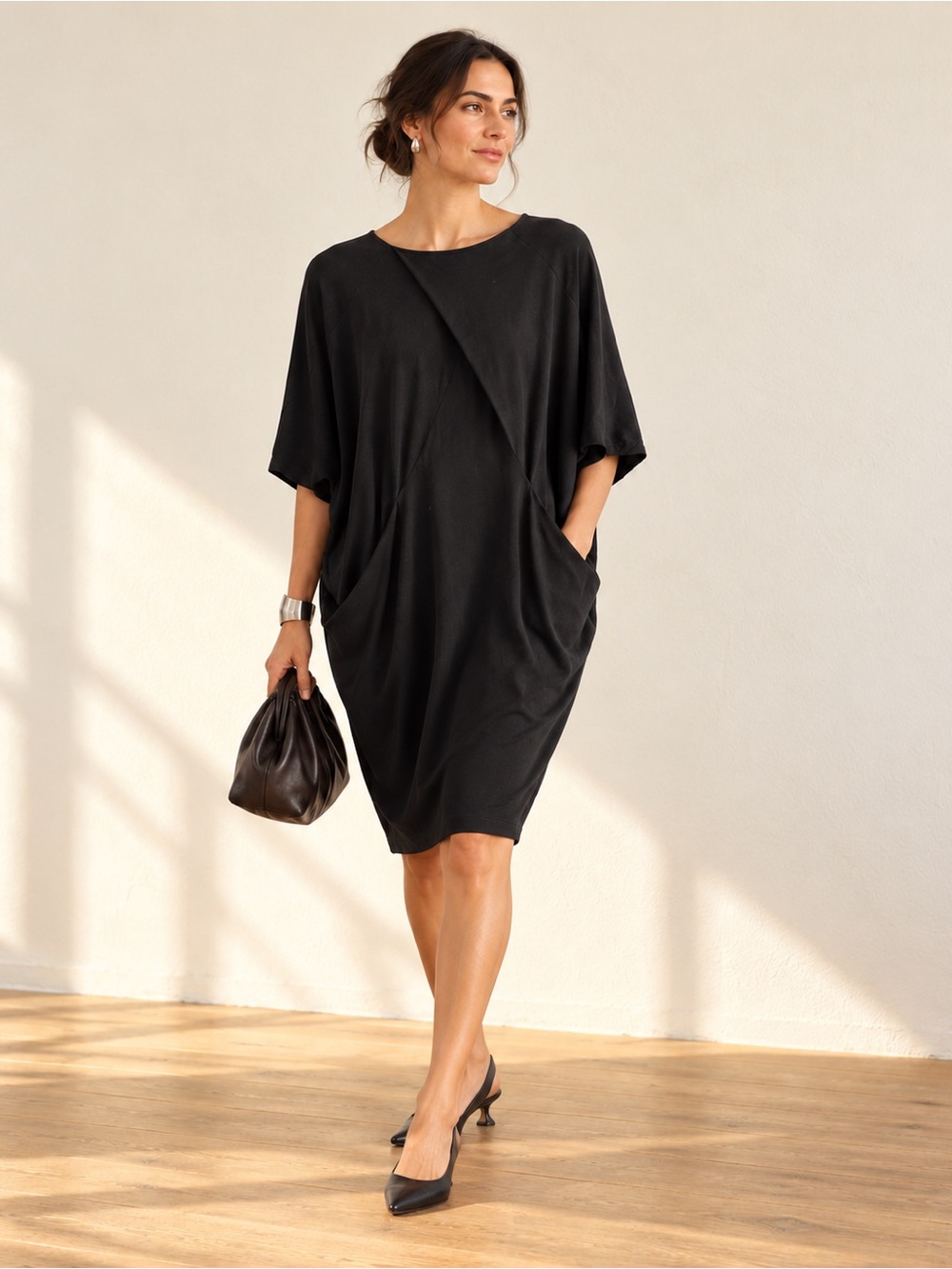 COS Black Draped Jersey Cocoon Dress Dolman Sleeves Pockets Size S